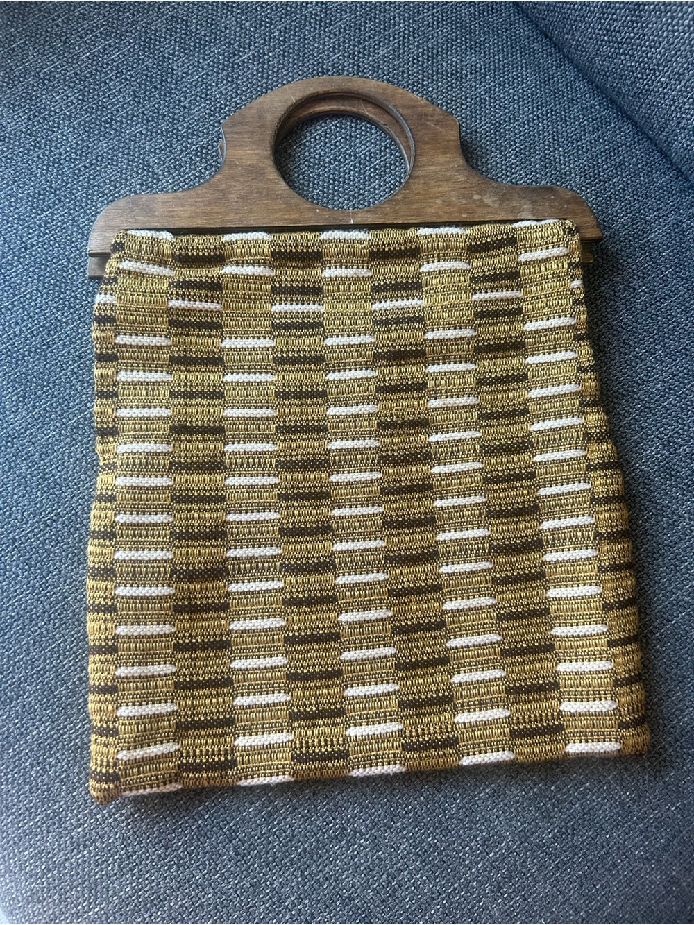 Handheld Tote Bag in Olive Green and Cream with Wooden Handles